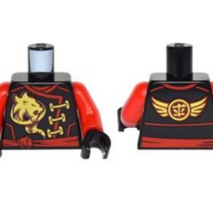 May include: Lego minifigure torso with red sleeves, black torso, and a gold and black design. The front of the torso features a gold dragon with red accents. The back of the torso features a gold symbol with wings.