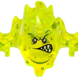 May include: A bright yellow translucent plastic ghost with a menacing expression, featuring sharp teeth and bulging eyes. The ghost has a spiky head and multiple arms.
