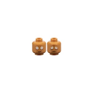 May include: Two light brown plastic toy minifigure heads. The head on the left features simple white circular eyes and a straight black mouth line. The head on the right displays white eyes with black pupils, furrowed brows, and a curved mouth line.