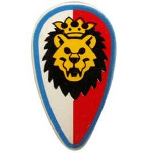 Puede incluir: Un escudo blanco y rojo con un borde azul. El escudo tiene un león amarillo con una melena negra y una corona en la cabeza.