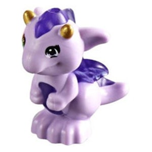 May include: A small purple dragon figurine with gold horns and wings. The dragon has a friendly expression and is standing on its hind legs.