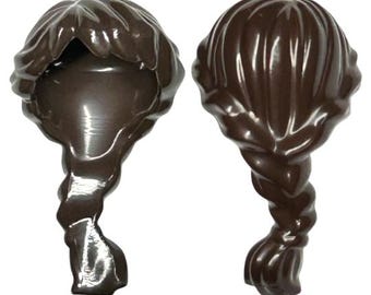 Minifigurka Lego Friends w kolorze ciemnobrązowym, włosy żeńskie w kucyk, długie, francuskie, warkocz