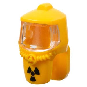 Peut inclure: Combinaison de protection chimique en plastique jaune jouet avec une visière transparente et un symbole de radiation noir.