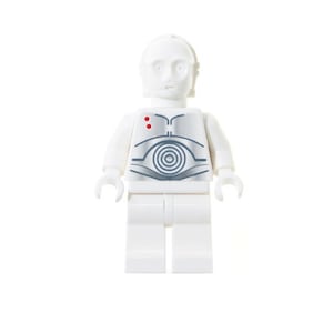 May include: White Lego minifigure of C-3PO from Star Wars. The figure has a detailed torso print with a silver and gray design.
