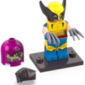 May include: A yellow and blue Lego minifigure of Wolverine with black claws and a black mask. The figure is standing on a black base. The figure also includes a separate black head piece and a purple head piece.