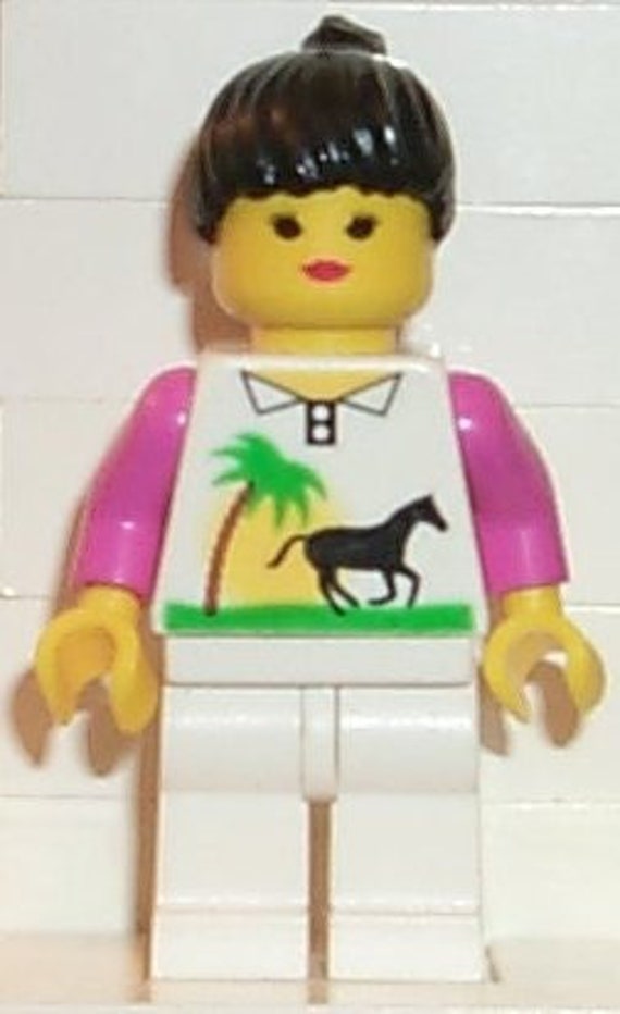 Lego MINIFIGURE Vintage Girl Women Female Horse and Palm White Legs,  Black Ponytail Hair