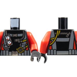 Lego Torso Diving Suit with Dark Bluish Gray Harness, Gauges on Front, Hoses and Zipper on Back, Red Stripes on Sides Pattern