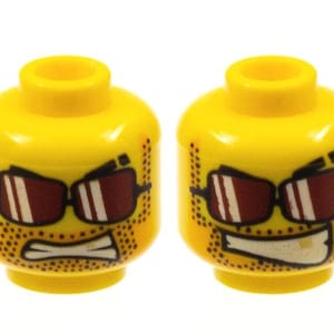 Lego Minifigur, Kopf Beidseitige Schwarze Augenbrauen mit Narbe, Sonnenbrille mit Dunkelroten Gläsern und Weißen Reflexionen, Heller Hell Orange Bart