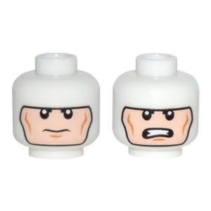 May include: Two white plastic toy figure heads featuring printed facial expressions. The left head displays a neutral expression with dark eyes and a straight mouth. The right head shows an angry expression with bared teeth and furrowed brows.