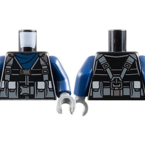 May include: Two Lego minifigure torsos. The torsos are black with gray and white detailing, including pouches and straps. The arms are blue, and the hands are gray. The figures have a light gray head and a black head.