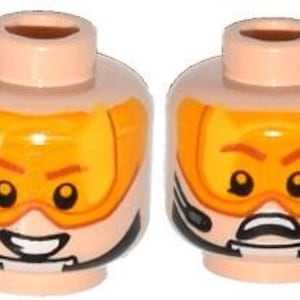May include: Two Lego minifigure heads with light flesh-toned skin. Each head features a yellow-orange diving mask, black headset, and a smiling or neutral expression. The heads are designed for Lego figures.
