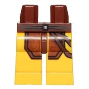 May include: A Lego minifigure torso and legs. The legs are yellow with brown and black printed details. The torso is brown with a brown belt and black printed details. The shoulders are brown.