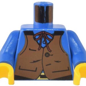 May include: A blue Lego minifigure torso with yellow hands. The minifigure is wearing a brown vest with a red bow tie and a black button.