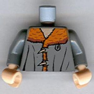 May include: A Lego minifigure torso featuring a gray jacket with an orange fur collar and a decorative clasp. The torso has tan arms and a light gray head. The jacket has a detailed design.