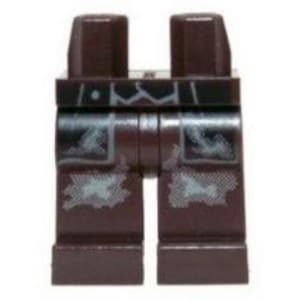 May include: Dark brown Lego minifigure legs with gray and black printed details. The legs feature a belt design and distressed patterns on the thighs and knees. The image is a close-up of the Lego toy.