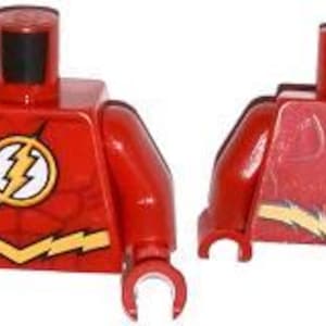 May include: Two red plastic toy figure torsos with arms and hands. The left torso features a yellow lightning bolt emblem inside a white circle on the chest and a yellow lightning bolt pattern at the waist. The right torso shows a back view.