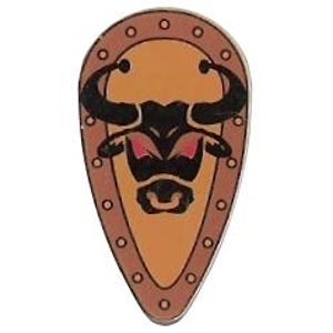 Puede incluir: Un pin en forma de escudo con un diseño de cabeza de toro. El pin tiene un fondo beige, un borde marrón y remaches. La cabeza del toro es negra con detalles rojos.