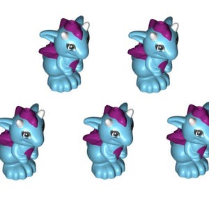 May include: Five small blue plastic dragon figurines with purple wings and white horns. The dragons have white eyes and are standing upright.
