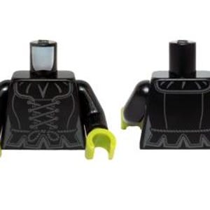 May include: A black plastic toy figure torso with lime green hands. The front features a printed grey lace-up corset design, while the back displays a printed grey collar and hem detail. This piece includes a neck stud for attaching a head.