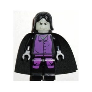 May include: A plastic minifigure featuring a pale gray head with a printed face, black hair, and a black cape. The torso and legs are purple with black detailing, including a buttoned vest design, and the hands are light gray plastic.