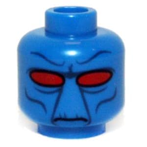 May include: A blue Lego minifigure head with a stern expression. The head features red eyes and black facial details, including eyebrows and a mouth. The head is a solid blue color and has a cylindrical neck connector.