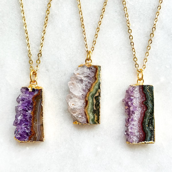 Amethyst Geode Necklace - Gold or Silver Small Dainty Natural Stone Slice and Crystal Rectangle Pendant Christmas Gift for Mom for Her