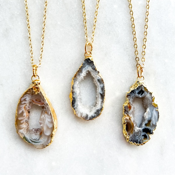 Small Geode Necklace Druzy Slice Dainty Boho Jewelry For Her Bridesmaid Gift for Mom Mothers Day