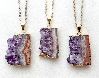 Amethyst Bar Necklace - Natural Druzy Geode Pendant - Quartz Crystal Jewelry - Boho Christmas Gift for Her Under 30