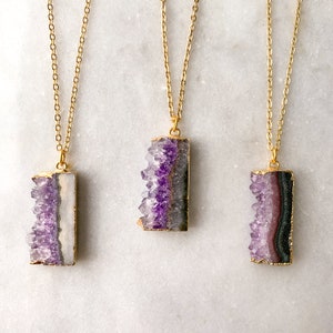 Dainty Amethyst Geode Slice Necklace - Natural Stone and Crystal Rectangle Pendant Mother&#39;s Day Gift for Mom for Her Birthday