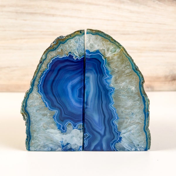 Blue Agate Bookends Geode Book Ends - Stone Quartz Rock Crystal Bookshelf Decor