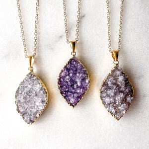Christmas Gift Amethyst Geode Necklace Gold Plated, Crystal Slice Agate Pendant Jewlery Raw Quartz Druzy Stone For Her