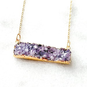 Amethyst Geode Slice Necklace - Natural Stone and Crystal Rectangle Pendant Geode Rectangle Christmas Gift for Her