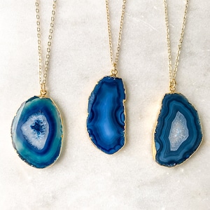 Blue Geode Necklace - Agate Pendant Stone Slice Jewelry Slice Quartz Crystals Boho Christmas for Women Gift for Her Rock Nerd