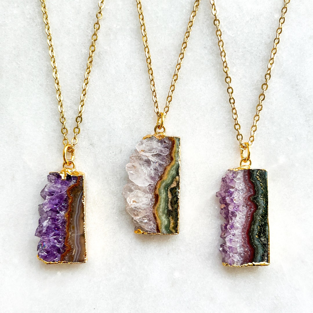 Amethyst Geode Necklace Gold or Silver Small Dainty Natural Stone Slice ...