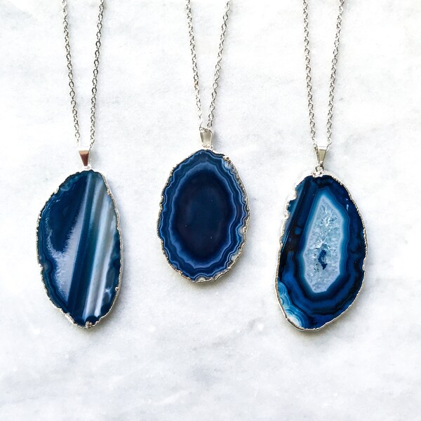 Small Silver Geode Necklace Blue Agate Slice Jewelry Druzy Slice Dainty Boho Valentine's Day Gift For Her Plated