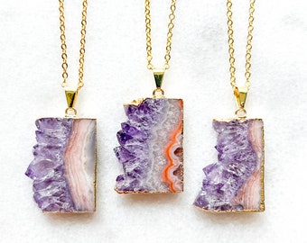 Christmas Gift Amethyst Druzy Necklace Bar Crystal Edge Geode Genuine Gold Plated Pendant Stone Jewelry for Her