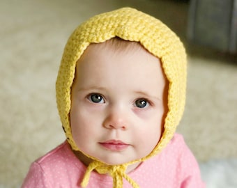 Crochet Baby Bonnet for Baby Girl - Newborn Baby Girl Gift - Soft Cotton Crochet Bonnet - Infant Girl Hat - Yellow Ria Bonnet