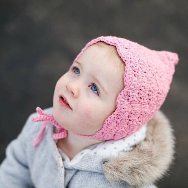 Crochet Pixie Bonnet, Baby Bonnet Girl, Baby Girl Crochet Bonnet, Gift Ideas for Baby Girl, Toddler Winter Hat, Toddler Bonnet, Pink Bonnet