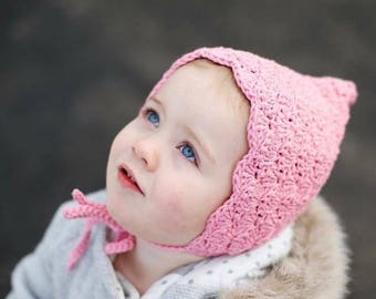 Crochet Pixie Bonnet, Baby Bonnet Girl, Baby Girl Crochet Bonnet, Gift Ideas for Baby Girl, Toddler Winter Hat, Toddler Bonnet, Pink Bonnet