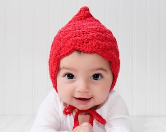 Touca de bebê estilo duende, chapéu vermelho para bebê, touca de crochê para bebê, chapéu de bebê estilo duende, adereços para ensaio fotográfico de bebê, chapéu de bebê encantador, fotografia de bebê, chapéu de bebê