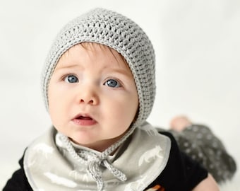Neutral Crochet Baby Bonnet, Cotton Knit Hat with Ties
