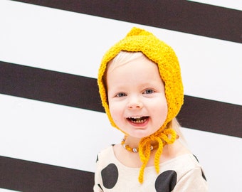 Toddler Girl Winter Hat, Crochet Bonnet, Pixie Hat, Birthday Gift, Toddler Gift, Mustard
