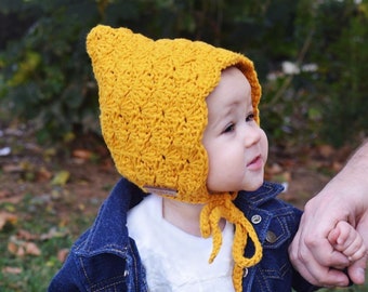 Crochet Baby Bonnet, Pixie Bonnet, Baby Girl Bonnet, Baby Hat Crochet, Baby Girl Gift, Mustard