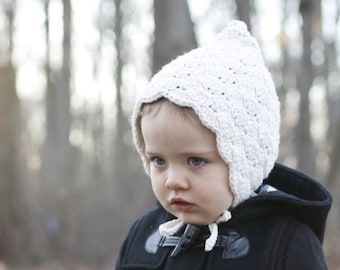 Kids Bonnet, Crochet Pixie Bonnet, Toddler Pixie Hat, Winter Hats for Toddlers, Knit Toddler Hat, Heirloom Bonnet, Toddler Hat With Ties