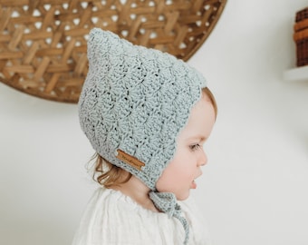 Baby Bonnet Girl, Crochet Baby Bonnet, Pixie Hat, Baby Girl Gift, First Birthday Gift, Light Gray,