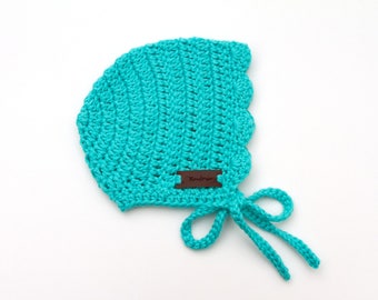 Crochet Cotton Newborn Bonnet Hat for Baby Girl - Baby Bonnet Girl Shower Gift - Newborn Baby Girl Hat - Baby Hat Girl - Teal Ria Bonnet