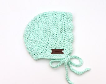 Crochet Baby Bonnet, Soft Cotton Knit, Baby Shower Gift, Baby Girl Hat with Ties