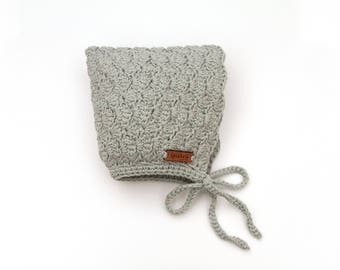 Crochet Baby Bonnet, Gray Cotton Winter Bonnet, Toddler Hat