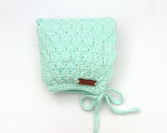 Crochet Baby Bonnet, Mint Blue Cotton Knit Hat, Newborn Girl Gift