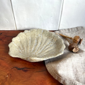 May include: A white ceramic dish shaped like a seashell with a textured surface. The dish is sitting on a wooden surface.